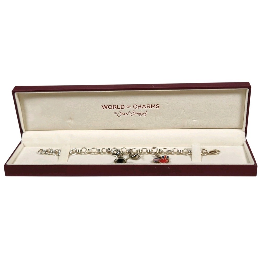 World Of Charms By Sari Simayof Charm Bracelet Mickey Uk Flag Duck Hat Box 8" View 3